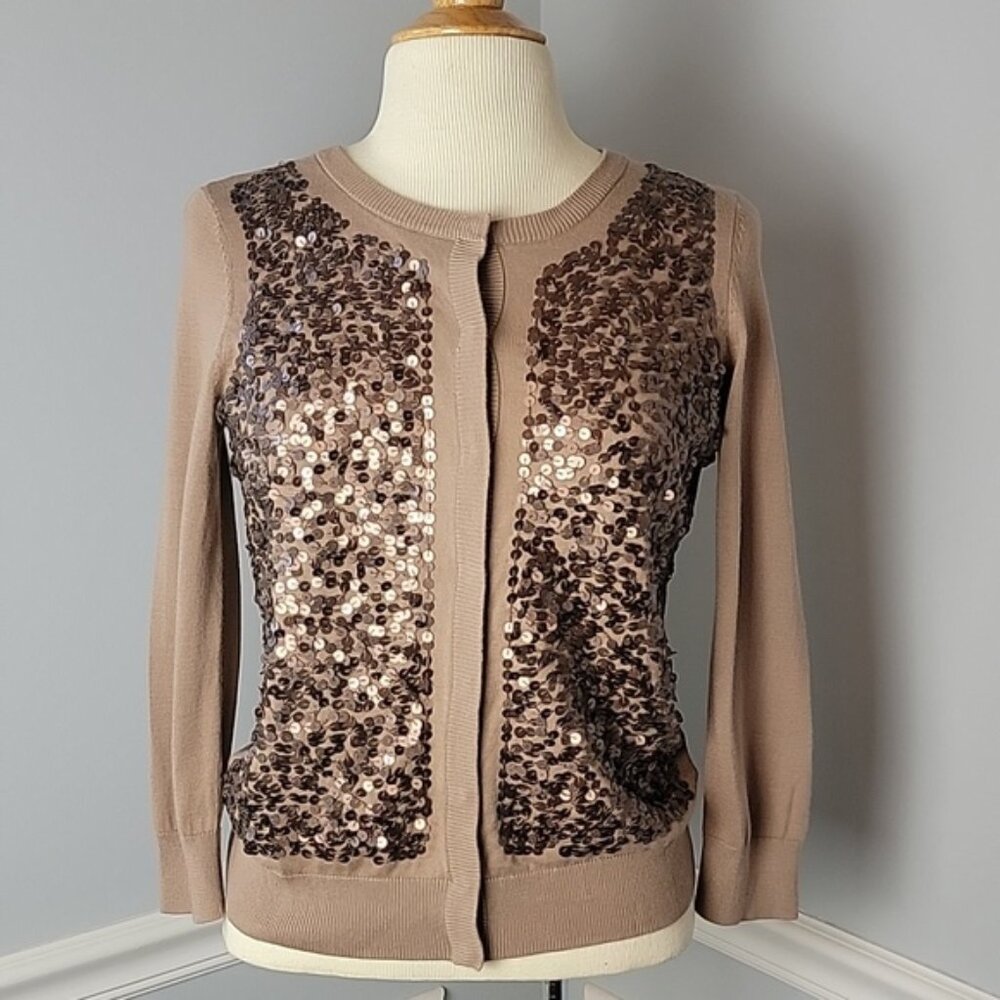 TALBOTS PETITES Taupe Matte Sequin Panel Snap Closure Holiday Party Cardigan S